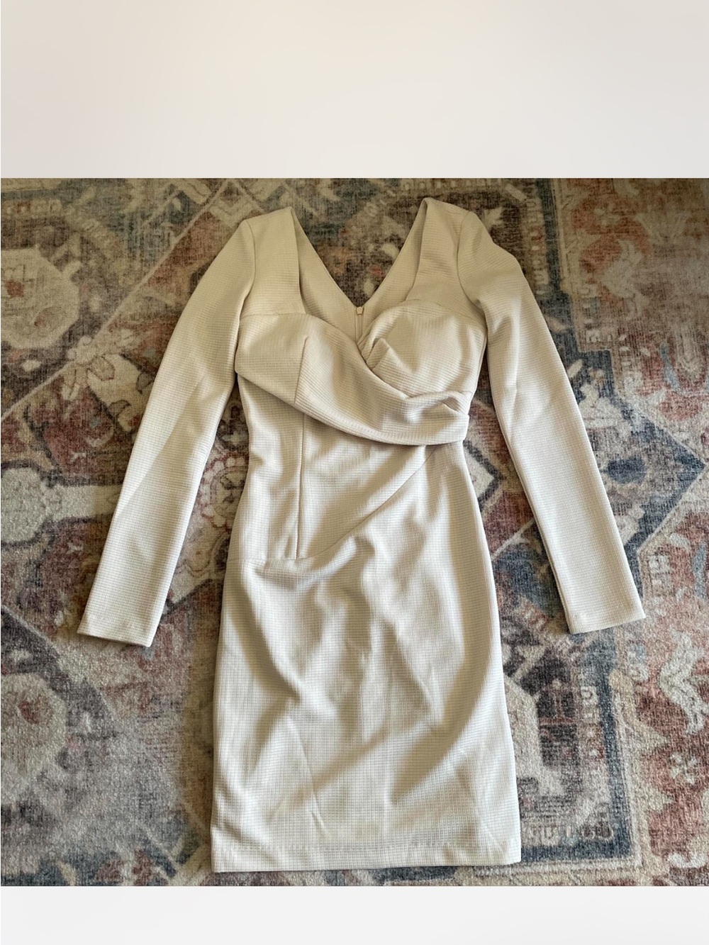 Long Sleeve Cream Bodycon Dress with Draped Bust